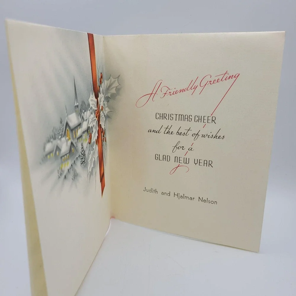 Vintage Yuletide Greetings Christmas‎ Card With Winter Scene Red Bow